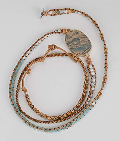 New! Dazzling Handmade Leather Wrap Bracelet Collection - style: 5 Wrap Agalmatolite