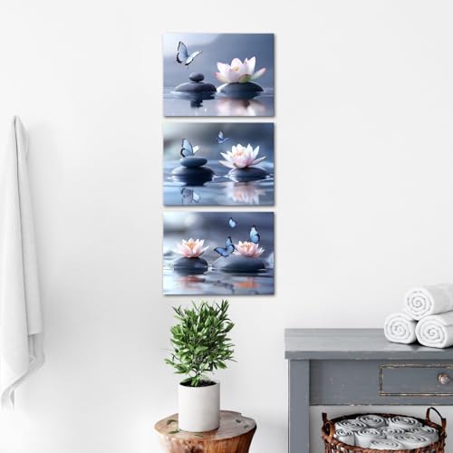 iKNOW FOTO Zen Lotus Flower Canvas Wall Art - 3pcs Calming Spa Decor with Stones and Butterfly - Water Lily Modern Artwork for Bathroom, Yoga Studio, Meditation, or Living Room - 12x16 Each