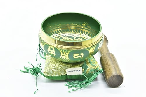 3.75" Tibetan Meditation Yoga Singing Bowl Green Set with free Wooden Mallet and Silk Cushion from Nepal, Singing bowls. (Green) - color: Green