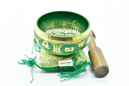 3.75" Tibetan Meditation Yoga Singing Bowl Green Set with free Wooden Mallet and Silk Cushion from Nepal, Singing bowls. (Green) - color: Green