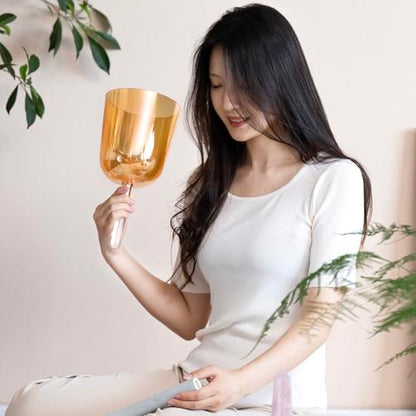CVNC 432HZ 6 Inch F Note Golden Tea Color Quartz Handle Singing Bowl with Carry Case Bag for Sound Healing and Meditation - color: Golden Tea
