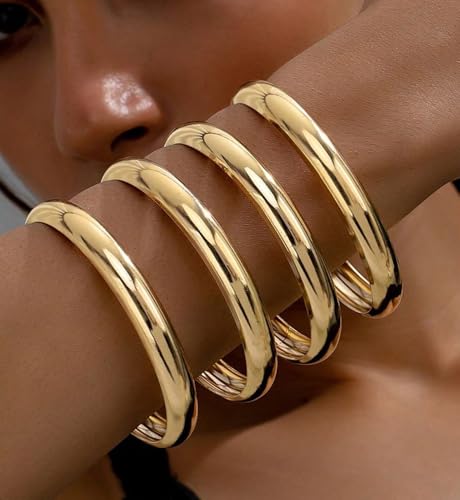 Chunky Gold Bangle Bracelets for Women, Dainty 14k Gold Plated Big Stackable Bangles Set, Trendy Statement Cuff Bracelet Stack Fashion Jewelry Gifts - style: 5 Gold african bangles