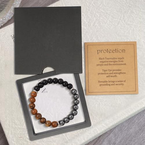 Energy Mens Beaded Bracelets,Triple Protection Bracelet for Men,Made of Three Kinds of 8mm Beads (Black Obsidian Hematite Tiger Eye Beaded), Personalized Gifts for Men - size: 8.4 inches