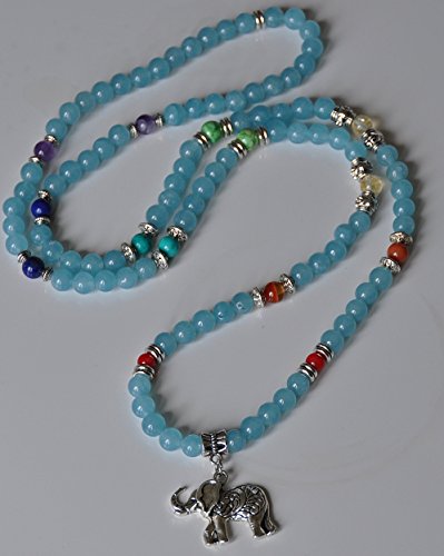 Calm and Patience, 108 Aquamarine Mala Beads, Elephant Necklace, Wrap Gemstone Bracelet, Chakra Balance, Meditation, Japa Mala