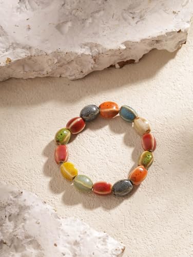 MINACHI Boho Hippie Colorful Ceramic Beads Strand Stretch Bracelet, Bohemian Summer Beach Jewelry Gift for Women - color: S06