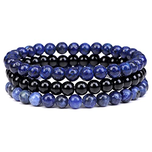 2Pcs Matte Lava Rock Volcanic Stone Beads Stretch Bracelet Stacking Frosted Gemstone Turquoise Seed Bracelet for Men Women Couple Stress Relief Aromatherapy Jewelry Gift - color: L blue-1