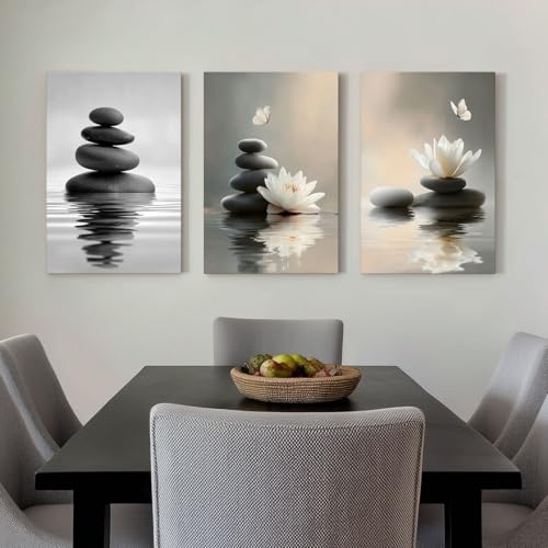 Lotus Wall Art Zen Stones in The Water Bathroom Calming Meditation Butterfly Framed Breathe Spiritual Canvas for Bathroom Living Room Yoga, Set of 3, 16x24 Inch - Ready to Hang - color: Lotus and Stones, size: 16" x 24"x3