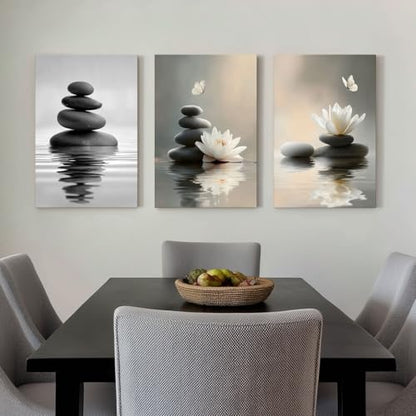 Lotus Wall Art Zen Stones in The Water Bathroom Calming Meditation Butterfly Framed Breathe Spiritual Canvas for Bathroom Living Room Yoga, Set of 3, 16x24 Inch - Ready to Hang - color: Lotus and Stones, size: 16" x 24"x3