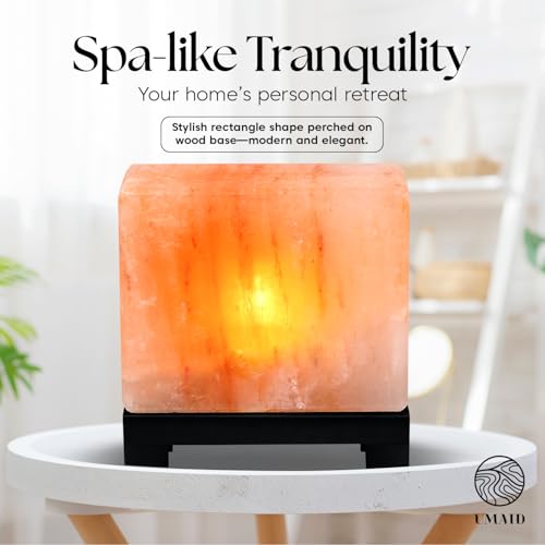 UMAID Himalayan Salt Lamp Rectangle, Natural Pink Rock Salt Lamp on Modern Wood Base with Night Light Bulb and Dimmable Cord, Spa Decor, Salt Massage Stones Ambiance, Meditation Accessories Decor Gift - style: Modern Rectangle