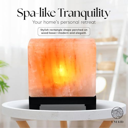 UMAID Himalayan Salt Lamp Rectangle, Natural Pink Rock Salt Lamp on Modern Wood Base with Night Light Bulb and Dimmable Cord, Spa Decor, Salt Massage Stones Ambiance, Meditation Accessories Decor Gift - style: Modern Rectangle