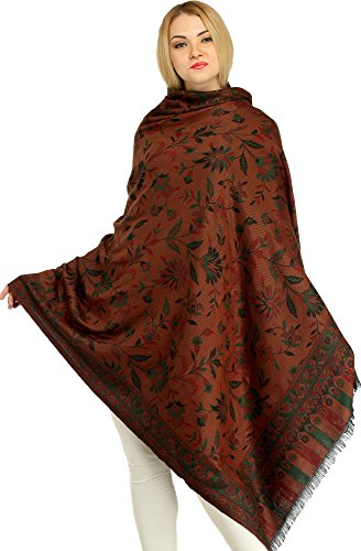 Exotic India Women Reversible Jamawar Wool Shawl with Woven Flowers | Ethnic Beautiful Floral Weave Stole, Dupatta - color: Carob Brown