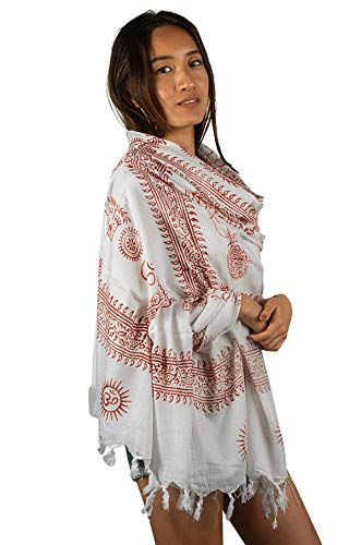 Tribe Azure Fair Trade Large Scarf Wrap Yoga Soft Cotton Mix Hand Printed Boho Bohemian Yoga Yellow White Black & Blue (White)