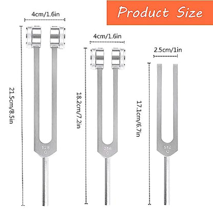 3 Pack Tuning Fork Set(128Hz, 256Hz, 512Hz), Medical Sound Healing Tools Tuning Forks with Reflex Hammer for Healing Chakra Sound Therapy Solfeggio DNA Repair