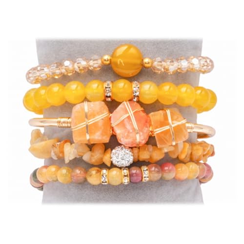 5PCS Natural Boho Beaded Bracelets Bangle for Women Men,Healing Turquoise Jasper Agate Crystal Gemstone Stone Chakra Multilayer Wrap Bohemian Handmade Jewelry Beads Stretch Bracelet Set - color: Yellow