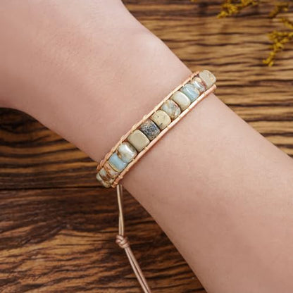 Women Boho Handmade Natural Stone Crystal Leather Bead Wrap Bracelets Collection - style: Agalmatolite 1W