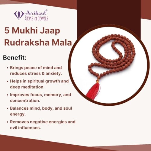 Arihant Gems & Jewels 5 Mukhi Rudraksha Jaap Mala, Natural Nepali Rudraksha Beads, Spiritual Japa Mala for Men & Women, Meditation - Spiritual Necklace for Positivity & Protection