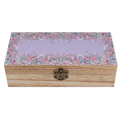 Purple Pink White Green Pastel Cherry Blossom Vintage Wooden Storage Box with Hinged Lid – Rustic Natural Wood Keepsake Box for Jewelry, Trinkets, And Photos – Decorative Small Chest Organizer (7.9" X - color: black-8