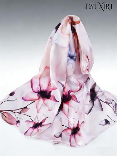 100% Mulberry Silk Oversized Women’s Sun-Shielding Shawl Formal Evening Neckwear Featherlight Airy - color: N24-lilac Bloom Scarf（69" X 21"inch）