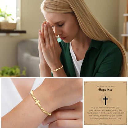 Cross Bracelet for Her,14K Gold Bracelets for Women,Beaded Bracelets as Christian Confirmation Religious Baptism Gifts for Women Teen Gold Jewelry - color: Baptism-01