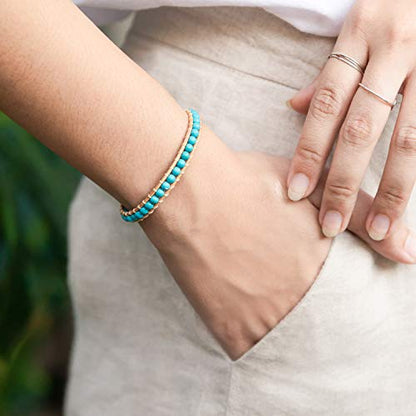 Infinityee888 Leather Bracelet Light Brown Wrap Beads Natural Stone Adjustable for Men Women Teen Yoga Handmade Bohemian Gypsy Boho - color: Blue