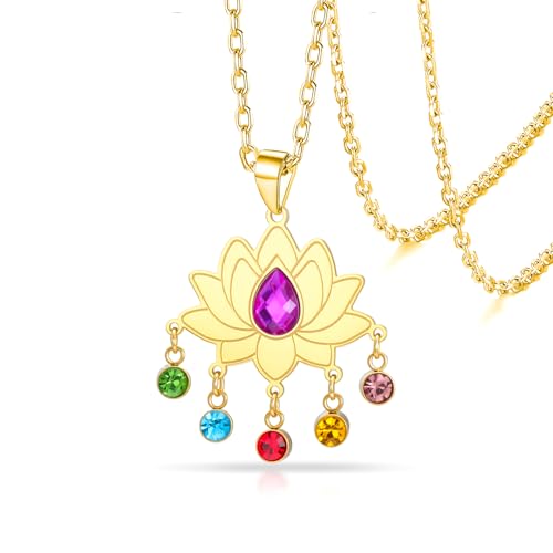 VASSAGO Lotus Necklace for Women Birthstone Pendant Lotus Flower Necklace Buddha Buddhist Unalome Symbol Amulet Yoga Spiritual Healing Jewelry Meditation Birthday Gift - color: Gold