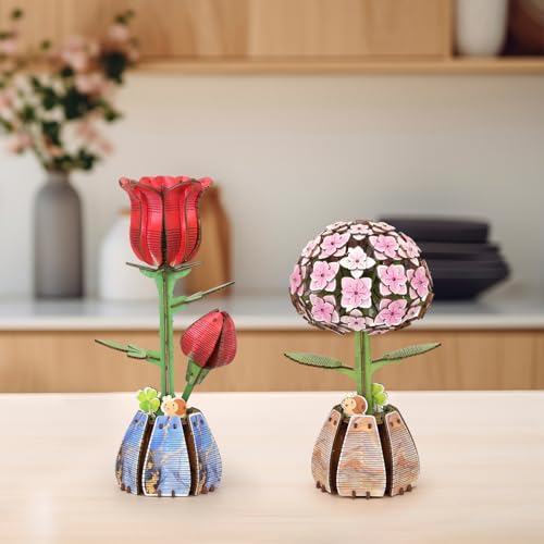 Jege 3D Flower Wooden Puzzles for Adults, DIY Building Set with 2 Flowers, 2 Perfume Bottles & Diffuser Sticks, Creative Craft Gifts & Home Decor (Rose + Hydrangea) - color: Rose&hydrangea