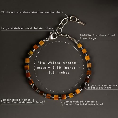 Tiger's Eye Hematite Beaded Bracelet for Men, Square Stone Adjustable Stainless Steel Chain, Handmade Stylish Jewelry Gift for Dad, Husband, Son & Friend
