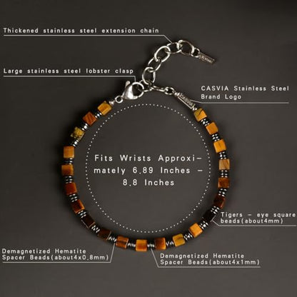 Tiger's Eye Hematite Beaded Bracelet for Men, Square Stone Adjustable Stainless Steel Chain, Handmade Stylish Jewelry Gift for Dad, Husband, Son & Friend