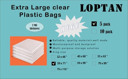 Extra Large Plastic Bags 59 x 71 Inch Clear Moving Plastic Appliance Storage Bags Perfect for Moistureproof, Dustproof, Luggage, Kids Bike, Big Plush Toys, Equipments and More (5 pack) - size: 59 x 71"
