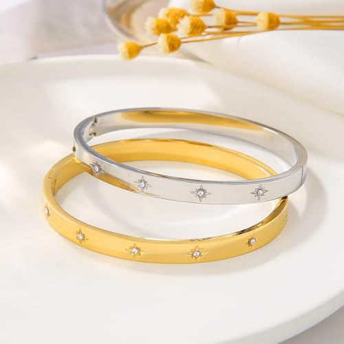 Gold Bangle for Women - 18K Gold Plated Stainless Steel Love Friendship Crystal Bracelets with Cubic Zirconia - color: Snowflake Bangle - GOLD