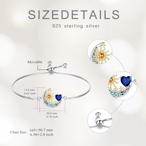 925 Sterling Silver Moon and Sun Star Adjustable Link Bracelet for Women with 12 Month Birthstone Birthday Jewelry - style: 09 - Sept.