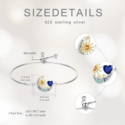 925 Sterling Silver Moon and Sun Star Adjustable Link Bracelet for Women with 12 Month Birthstone Birthday Jewelry - style: 09 - Sept.