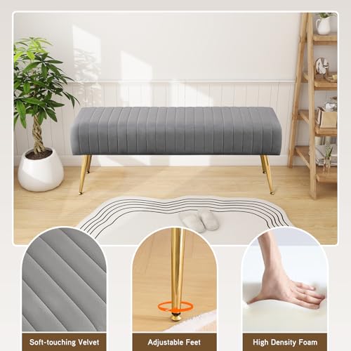Furnimart 44 Inch Gray Velvet Modern Ottoman Bench, Modern Upholstered Bedroom Benches Footrest Stool Indoor Bench for Entryway Living Room Bedroom Dining Room (Velvet-Grey) - color: Velvet-grey