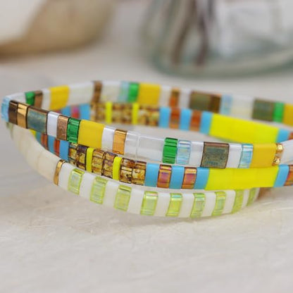 Tila Flat Beaded Stretch Bracelets for Women, Trendy Unique Handmade Stackable Green Blue Square Beads Miyuk Link Bracelet Summer Jewelry Gift - color: Yellow White