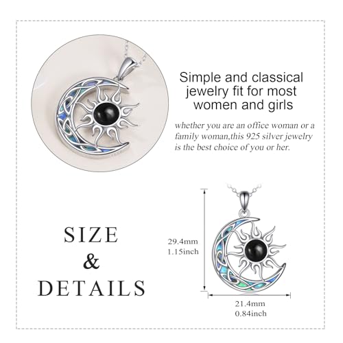 Sun and Moon Necklace for Women 925 Sterling Silver Celtic Crescent Moon Pendant Blue Opal/White Opal/Abelone Shell/Labradorite/Moonstone Jewelry Gift for Teen Girls - color: black onyx sun