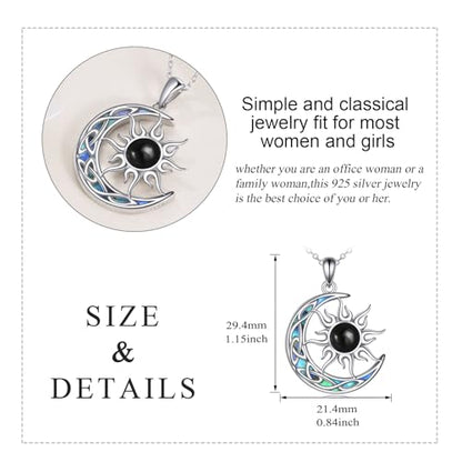 Sun and Moon Necklace for Women 925 Sterling Silver Celtic Crescent Moon Pendant Blue Opal/White Opal/Abelone Shell/Labradorite/Moonstone Jewelry Gift for Teen Girls - color: black onyx sun