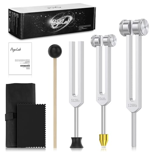 POGOLAB Tuning Forks for Healing Set (128Hz, 256Hz, 512Hz), with Percussion Hammer Mallet, Crystal Base & Storage Pouch, Sound Therapy Instrument for Chakra/Yoga/Meditation