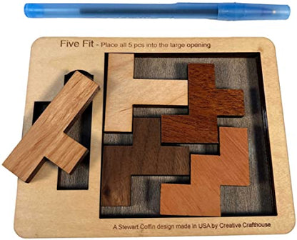 Puzzles for Adults - Level 10 Out of 10 Difficulty | Five Fit Small from Creative Crafthouse - Very Hard Wooden Brain Teaser Puzzle - style: Five Fit