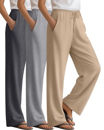 3 Pack Women's Lounge Pants Cozy Wide Leg Yoga Pants Casual Drawstring Loose Baggy Sweatpants with Pockets - color: Dark Gray, Light Heather Gray, Khaki, size: XX-Large