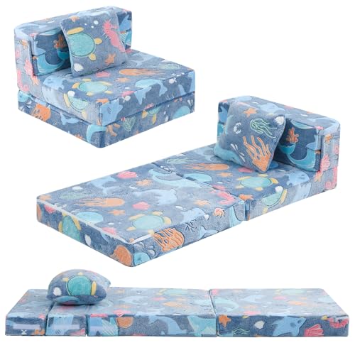 MeMoreCool Foldable Futon Chair Bed for Kids, Glow Tri-fold Sofa Bed Convertible Toddler Sofa Mattress, Foam Floor Couch for Sitting, Blue - color: Denim Mermaid