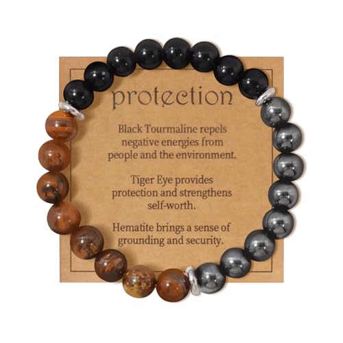 Energy Mens Beaded Bracelets,Triple Protection Bracelet for Men,Made of Three Kinds of 8mm Beads (Black Obsidian Hematite Tiger Eye Beaded), Personalized Gifts for Men - size: 8.4 inches