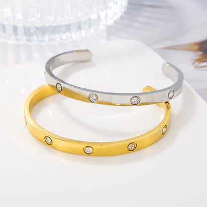 Gold Bangle for Women - 18K Gold Plated Stainless Steel Love Friendship Crystal Bracelets with Cubic Zirconia - color: 5CZ Cuff Bangle - GOLD