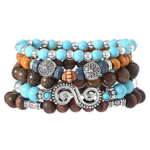 5pcs Wooden Bead Bracelet Set with Charm and Tassel for Men & Women - Stackable Boho Bracelets, Amber Color Scheme Adjustable Bracelet - color: Brown and Light Blue