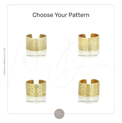 Engraved Mandala Ring - Wide Open Cuff Unisex Meditation Jewelry - Unique Spiritual Ring