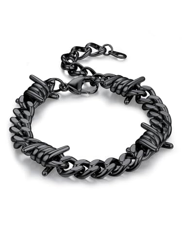 Bandmax Barbed Wire Chain Bracelets for Men Women Stainless Steel/Black/Gold Thorn Cuban Link Bracelet Adjustable Punk Emo Style Jewelry Gift - color: 11 12MM-Black Plated