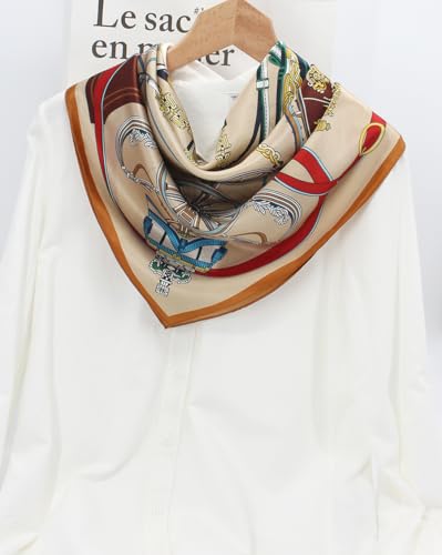 ANDANTINO 100% Pure Mulberry Silk Scarf 35" Large Square Lightweight Headscarf –Women’s Hair Wraps-With Gift Packed - color: Light Khaki&gold