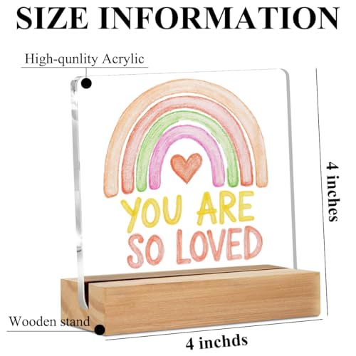 You Are So Loved Rainbow Heart Acrylic Sign Desk Decor, Inspirational Quotes Decorative Sign Acrylic Sign With Wooden Stand for Girls Room Nursery Playroom Shelf Cubicle
