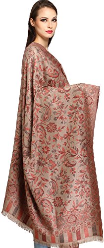 Exotic India Women Reversible Jamawar Wool Shawl with Woven Flowers | Ethnic Beautiful Floral Weave Stole, Dupatta - color: Sandshell