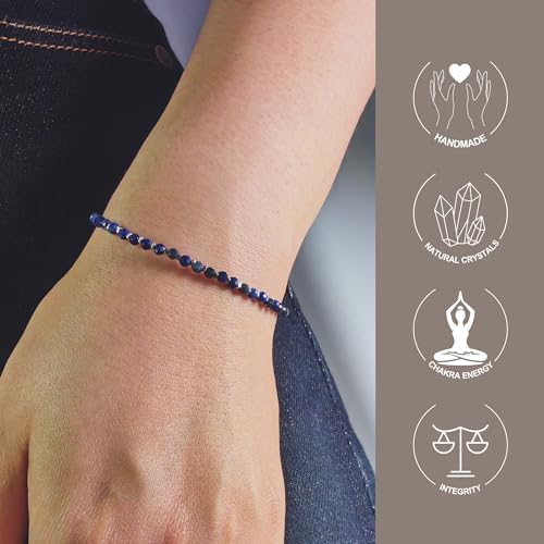 Natural Crystal Silver Bracelet, 0.12" Faceted Stone Beads Adjustable Jewelry for Women, Handmade Crown Chakra Design for Meditation & Spiritual Gifts - color: Blue Lapis Lazuli