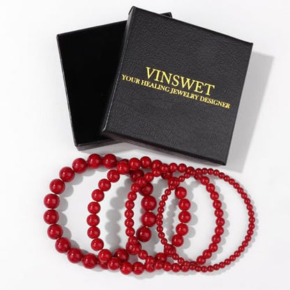 4pcs Beaded Bracelets for Women,Natural Healing Crystal Gemstones Bracelet,Anxiety Stress Relief Bracelet Handmade purple Jewelry Gifts for Women - color: Red agate